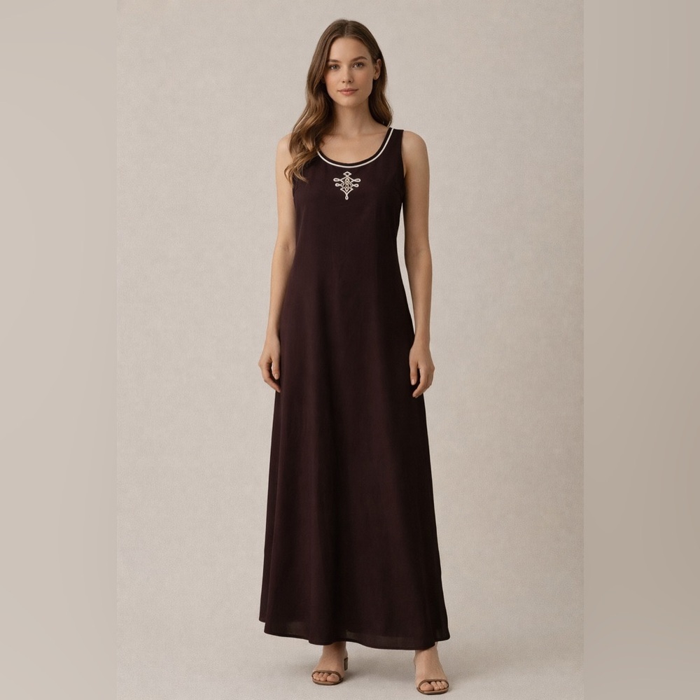 ST. JOHN Sport | Brown Sleeveless Maxi Silk Shift Dress Embroidered  Size 10